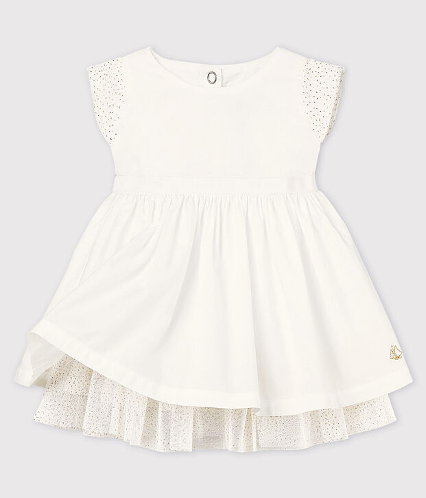Robe c&eacute;r&eacute;monie en popeline et tulle b&eacute;b&eacute; fille blanc