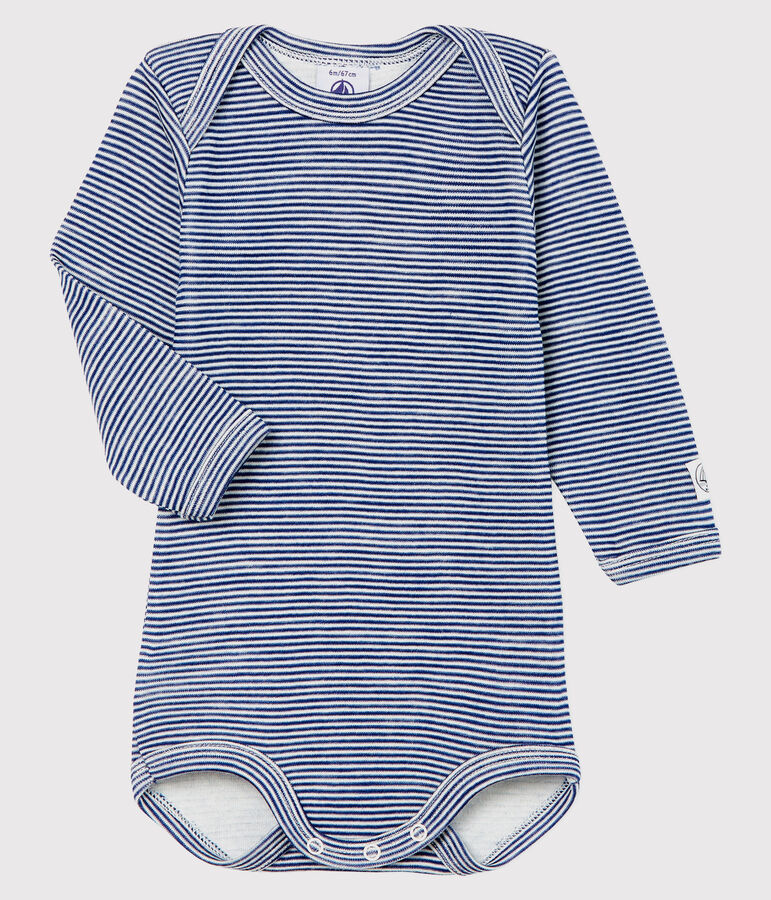 BABYBODY MET LANGE MOUW EN STREPEN IN WOL EN KATOEN blauw/wit
