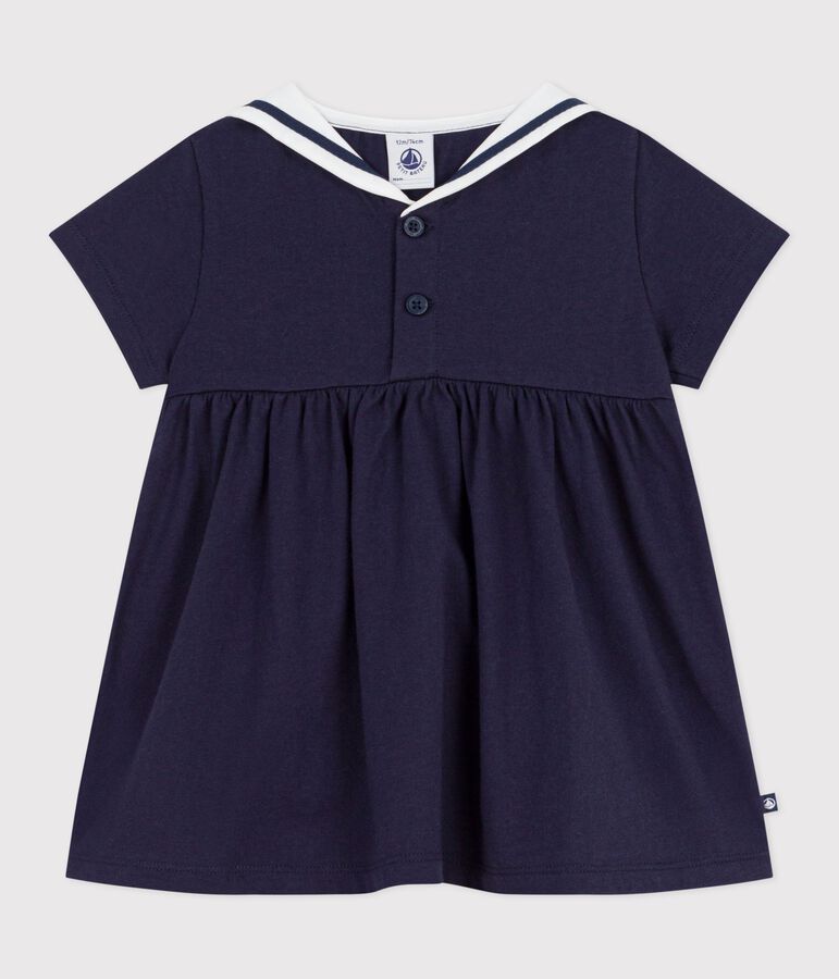 Robe b&eacute;b&eacute; en coton manches courtes, unie avec son col marin bleu