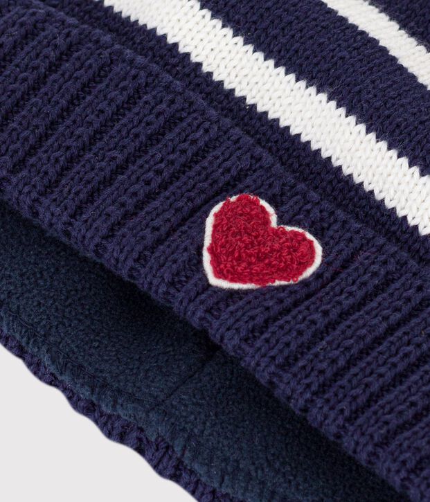Bonnet b&eacute;b&eacute; &agrave; rayures en tricot  doubl&eacute; polaire bleu/&eacute;cru
