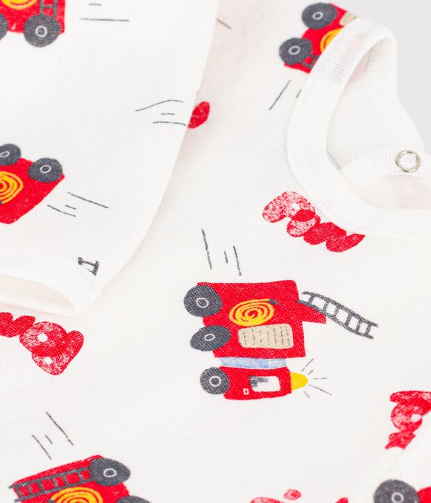 Pyjama b&eacute;b&eacute; en tubique ouverture dos imprim&eacute; pompier blanc/multicouleur