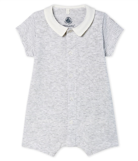 Korte bodypyjama van gebreide stof voor baby's grijs POUSSIERE/wit MARSHMALLOW