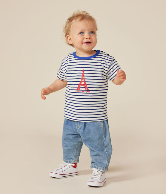 T-shirt met korte mouw van dunne jersey voor baby's wit MARSHMALLOW/blauw MEDIEVAL