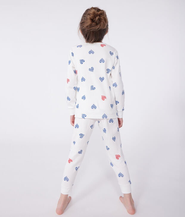 Katoenen kinderpyjama met lange mouw en hartjesprint wit/multicouleur