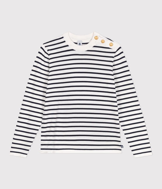Gestreepte katoenen marinetrui voor dames wit MARSHMALLOW/blauw SMOKING