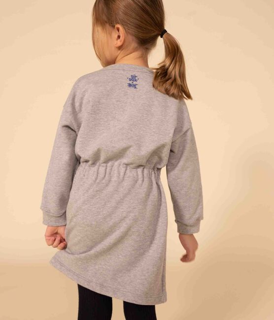 Meisjesjurk met lange mouwen en geborstelde fleeceprint grijs CHATON CHINE
