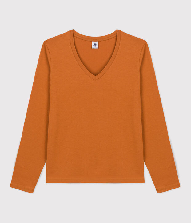 Le Droit, dames-T-shirt met V-hals in katoen bruin