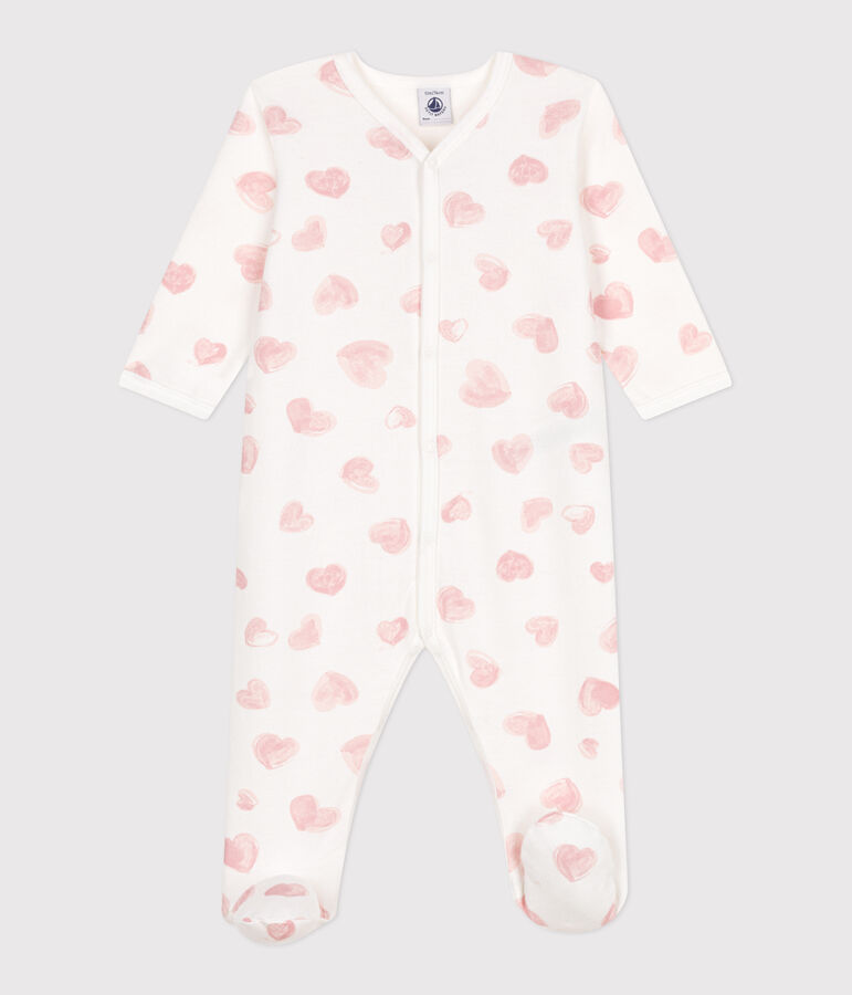 Babypyjama van geruwde fleece met kraag en hartjesprint wit/roze