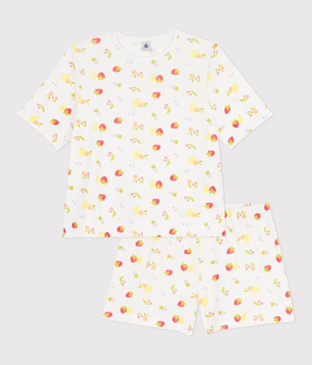 Damespyjama met korte mouwen in fruitprintkatoen wit/multicouleur