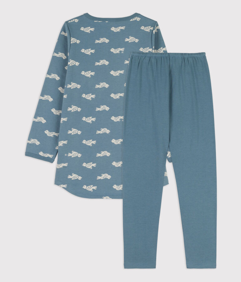 Chemise de nuit et legging oiseau petite fille en molleton et en coton bleu/blanc