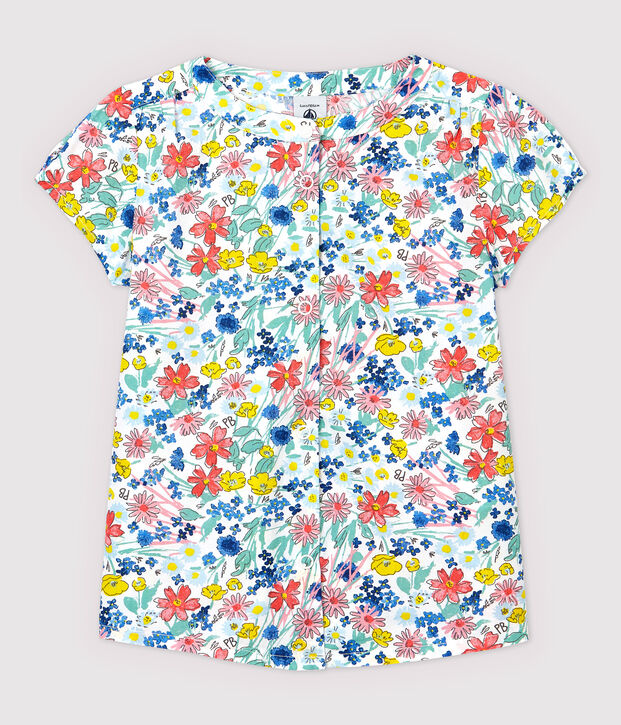 Chemisier manches courtes en popeline enfant fille blanc/multicouleur