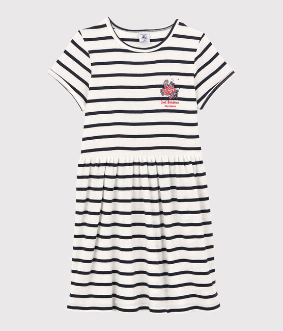 Robe manches courtes en coton bio enfant fille blanc MARSHMALLOW/bleu SMOKING