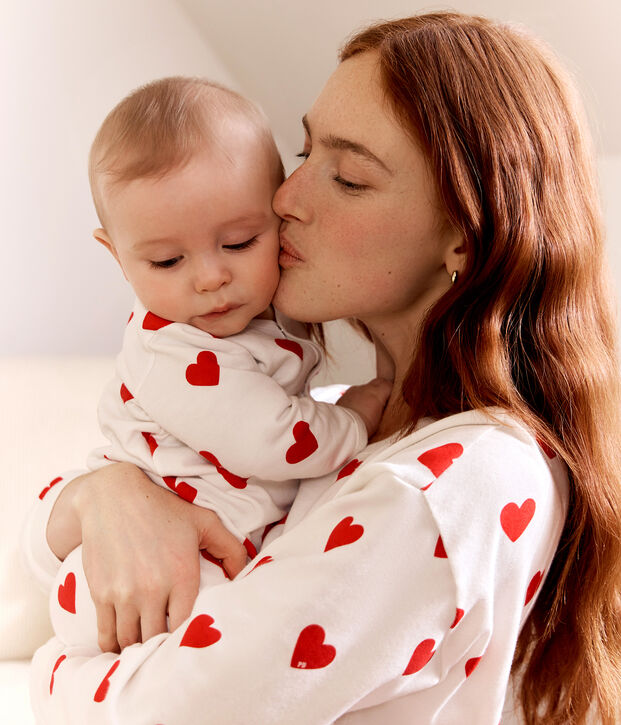 Pyjama &agrave; c&oelig;urs rouges en molleton b&eacute;b&eacute; blanc/rouge