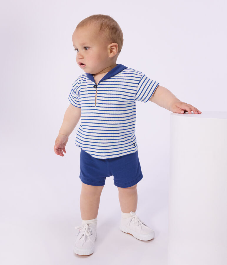 Tweedelig katoenen babysetje met T-shirt met matrozenkraag blauw/blauw