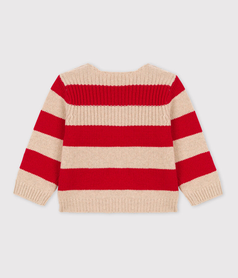 Pull b&eacute;b&eacute; ray&eacute; en tricot de laine et coton beige/rouge