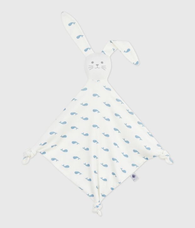 Doudou b&eacute;b&eacute; en coton imprim&eacute; baleine blanc/bleu