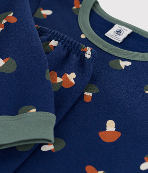 Jongens/meisjespyjama met champignonprint in molton blauw/multicouleur