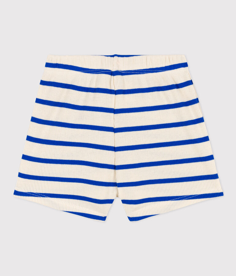Gestreepte babyshort van ribstof ecru/blauw