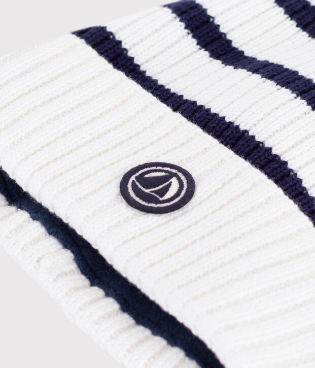 Bonnet enfant ray&eacute; en tricot doubl&eacute; en polaire bleu/bleu