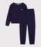 Pyjama femme en coton &eacute;ponge uni bleu marine
