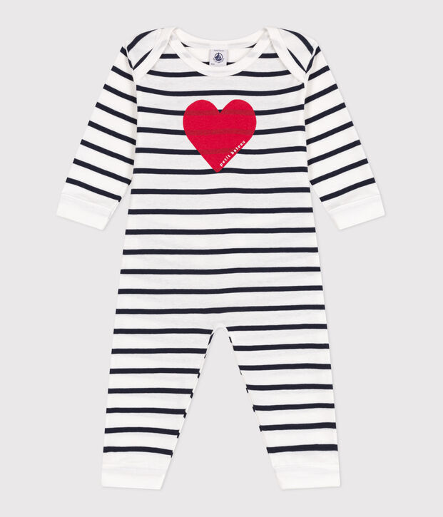 Katoenen babypyjama met hartje en zonder drukknoopjes wit/blauw