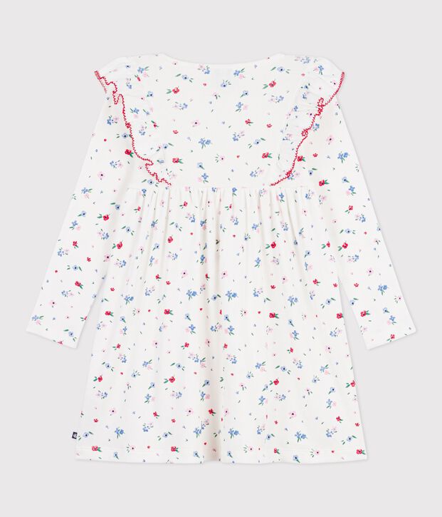 Robe enfant manches longue en coton imprim&eacute;e fleurs blanc/multicouleur