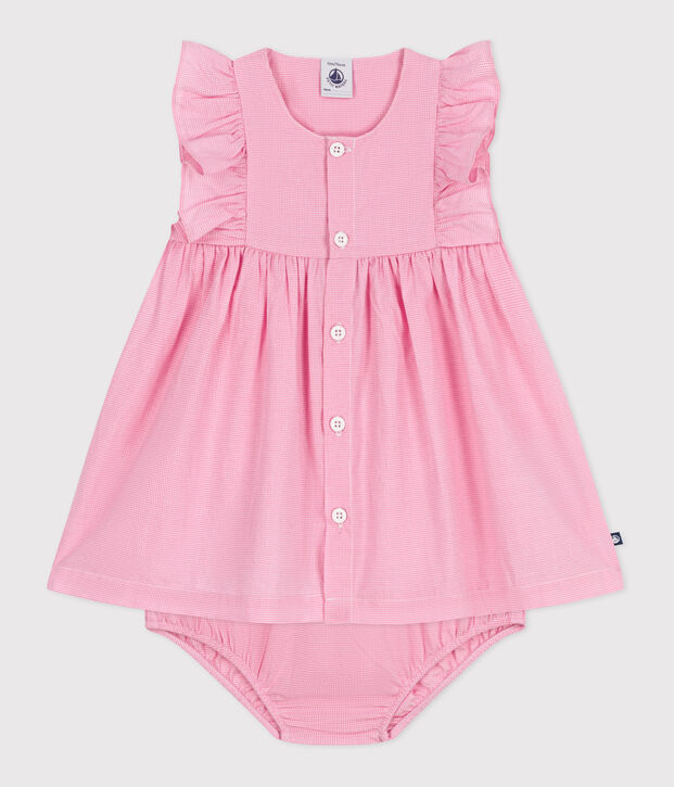 Mouwloos babyjurkje in licht katoen met bloomer en vichyprint wit/roze