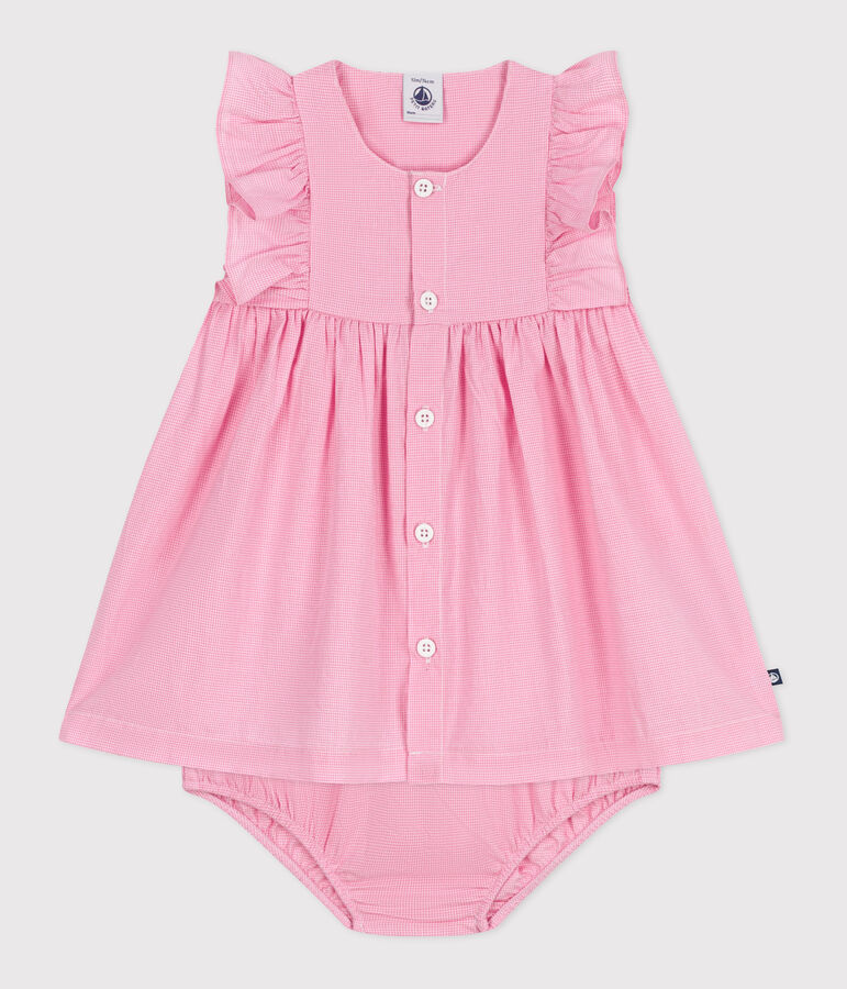 Robe b&eacute;b&eacute; en coton l&eacute;ger sans manches et bloomer, imprim&eacute;s vichy blanc/rose