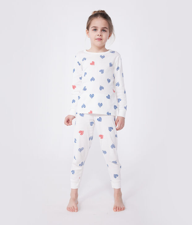 Katoenen kinderpyjama met lange mouw en hartjesprint wit/multicouleur