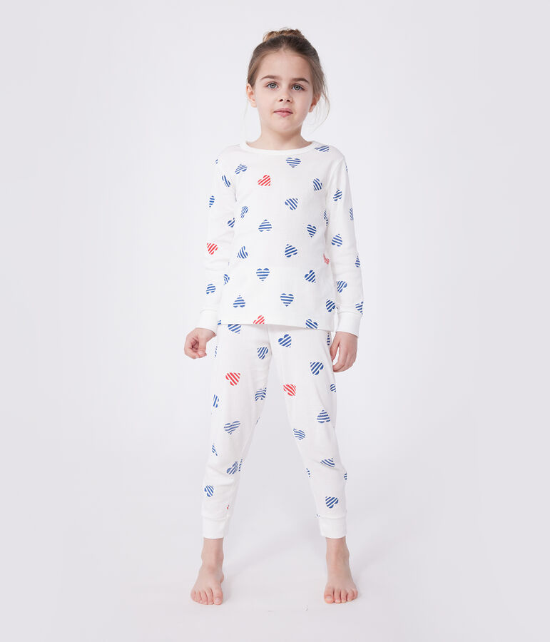 Katoenen kinderpyjama met lange mouw en hartjesprint wit/multicouleur