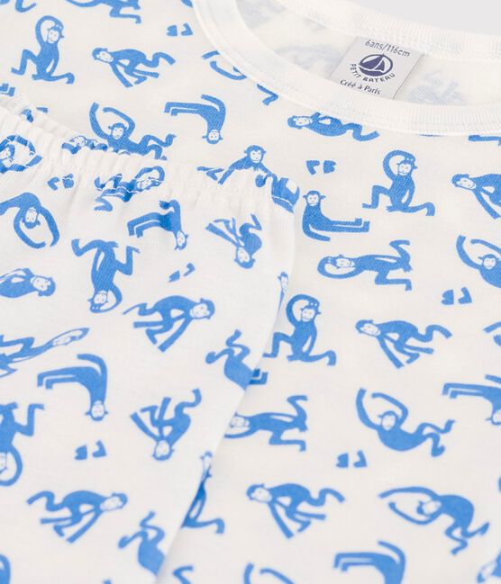 Pyjama manches courtes singes petit garçon en coton blanc MARSHMALLOW/bleu BRASIER