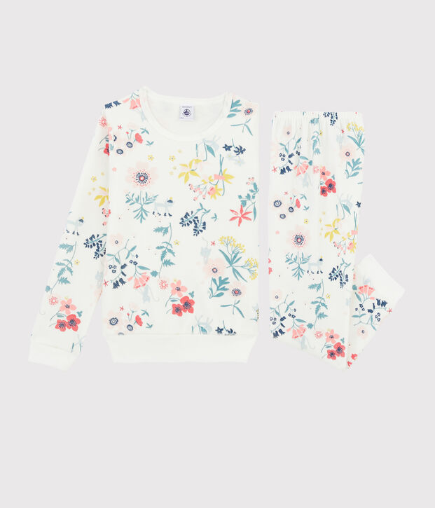 Meisjespyjama van fluweel met bloemen wit/multicouleur