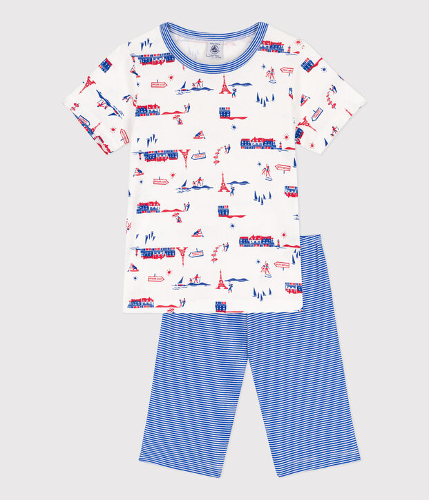 Korte katoenen jongenspyjama met Parijs-print wit/multicouleur