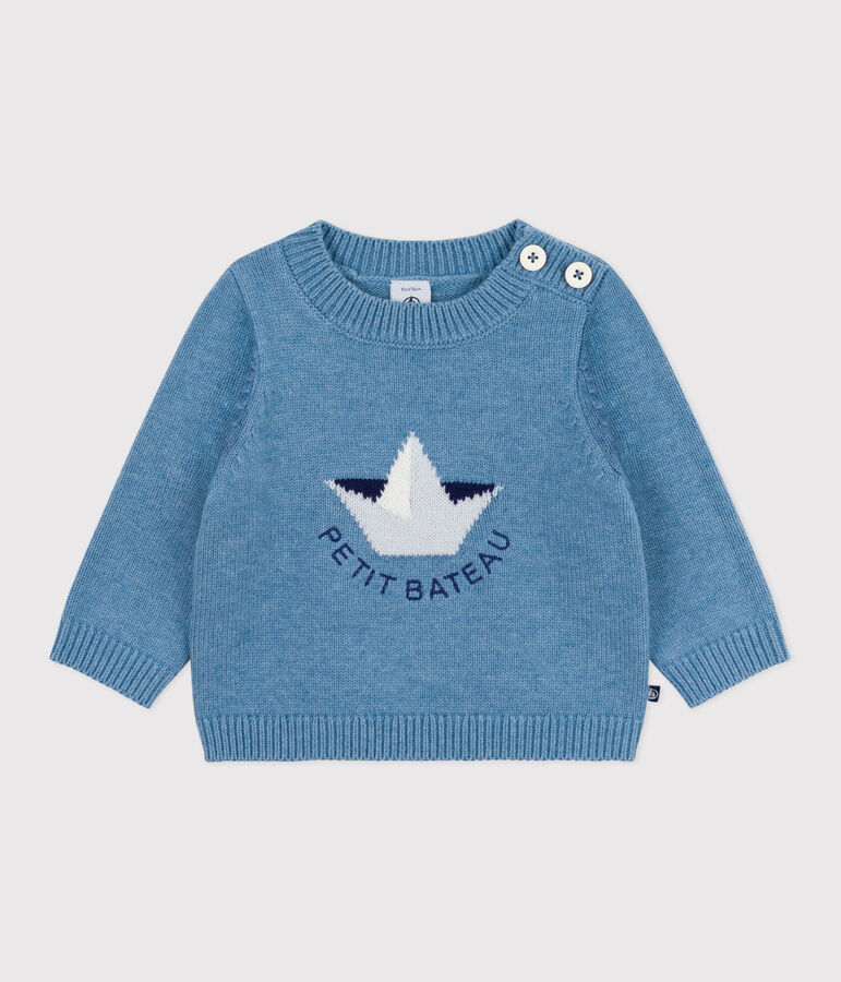 Babytruitje van wol en katoen met bootmotiefje blauw/multicouleur
