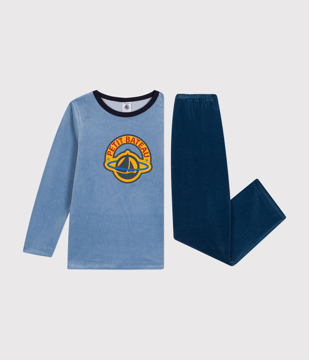 Effen kinderpyjama van velours blauw/blauw