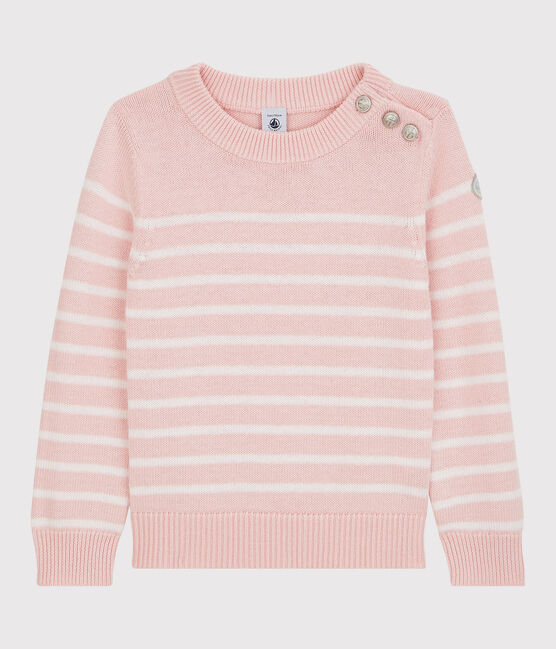 Meisjespull van wol en katoen roze MINOIS/wit MARSHMALLOW