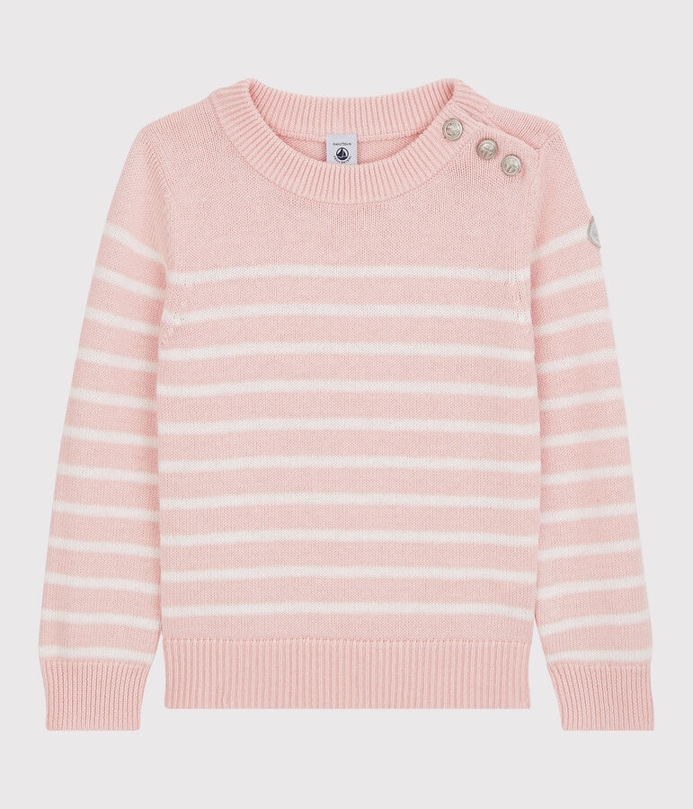 Pull en laine et coton enfant fille rose MINOIS/blanc MARSHMALLOW