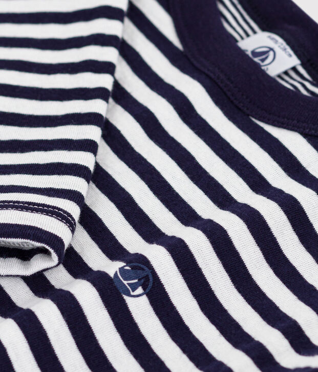 Tee-shirt enfant manches longues en coton ray&eacute; bleu/&eacute;cru