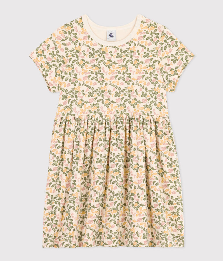 Robe imprim&eacute;e manches courtes en coton enfant fille &eacute;cru/multicouleur