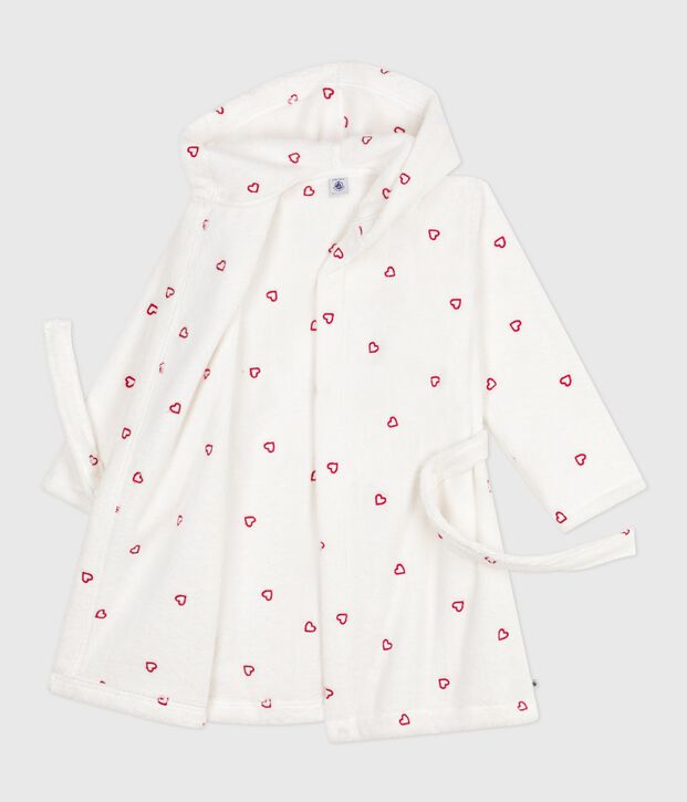 Peignoir enfant en coton &eacute;ponge c&oelig;urs brod&eacute;s blanc/rouge