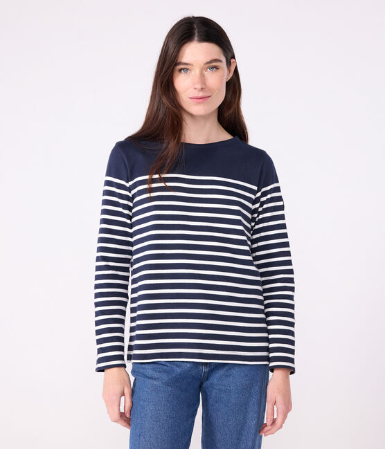 Katoenen marineshirt met lange mouw voor dames blauw SMOKING/wit MARSHMALLOW