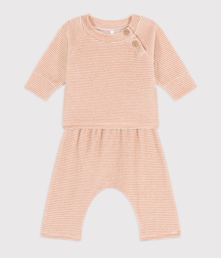 Ensemble 2 pi&egrave;ces b&eacute;b&eacute; en velours en coton beige/blanc