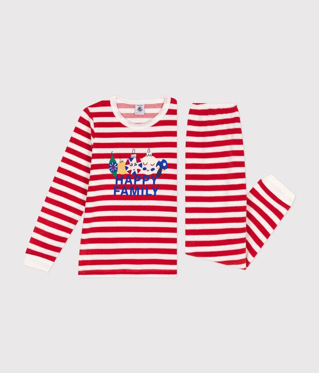 Gestreepte fluwelen kinderpyjama rood/wit