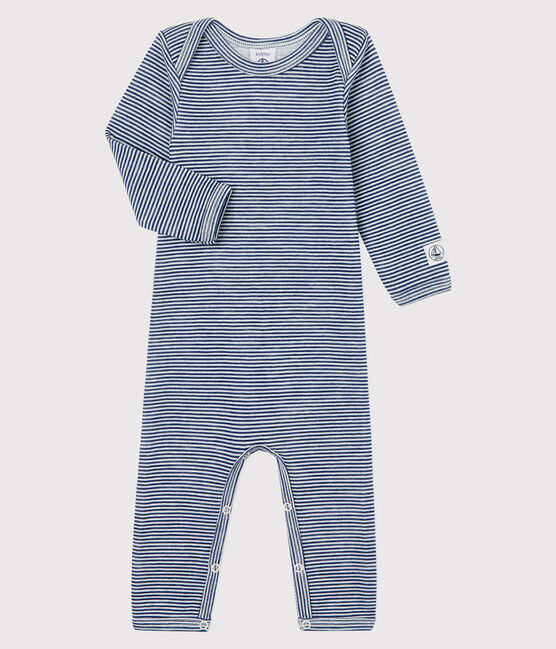 Babybody met lange pijpen en strepen in wol en katoen blauw MEDIEVAL/wit MARSHMALLOW