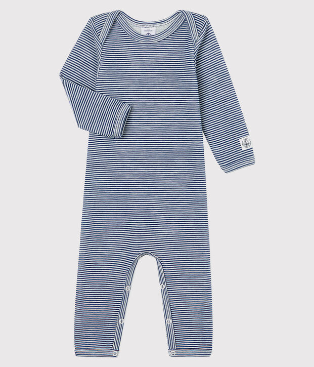 Rompertje lange pijpen met strepen van wol en katoen baby blauw/wit