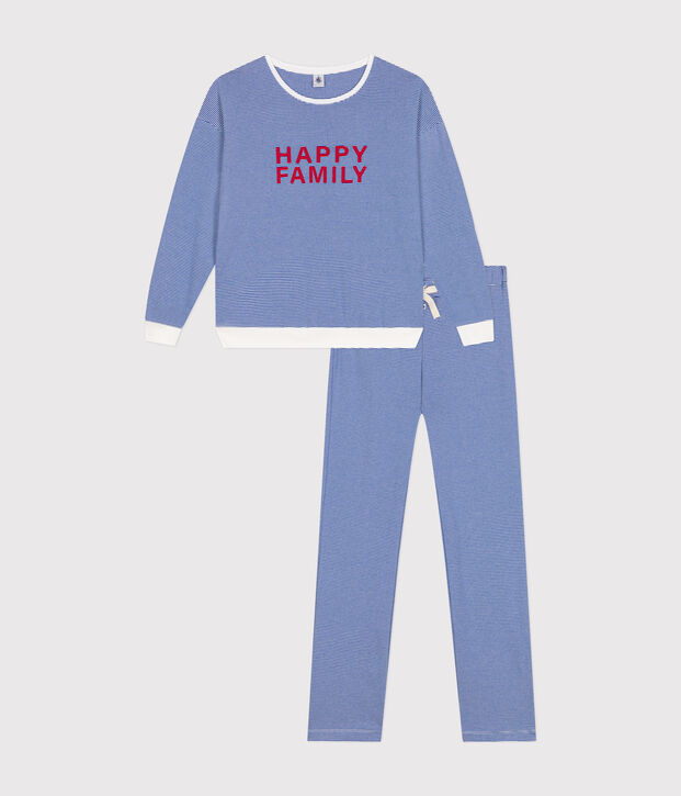 Pyjama en coton ray&eacute; femme bleu/blanc
