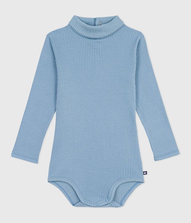 Effen katoenen babybody met rolkraag blauw