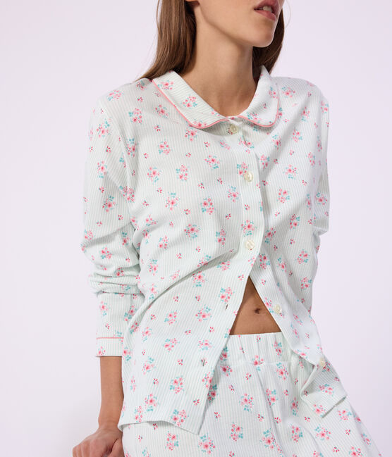 Pyjama boutonné femme en coton imprimé blanc MARSHMALLOW/blanc MULTICO