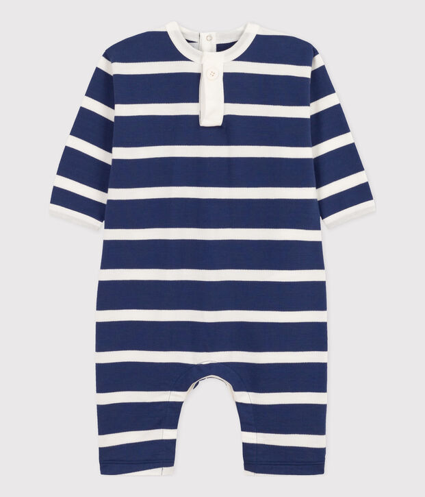 Combinaison longue b&eacute;b&eacute; en molleton ray&eacute; bleu/blanc