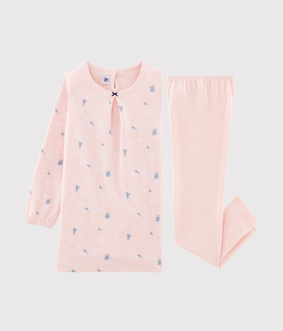 Chemise de nuit manches longues imprimée pingouin petite fille en jersey double face rose MINOIS/blanc MULTICO